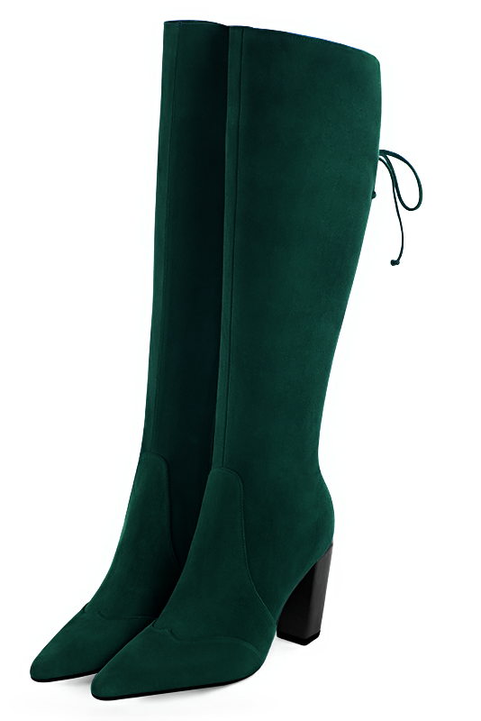 Forest green women's knee-high boots, with laces at the back. Tapered toe. Very high block heels. Made to measure. Front view - Florence KOOIJMAN
